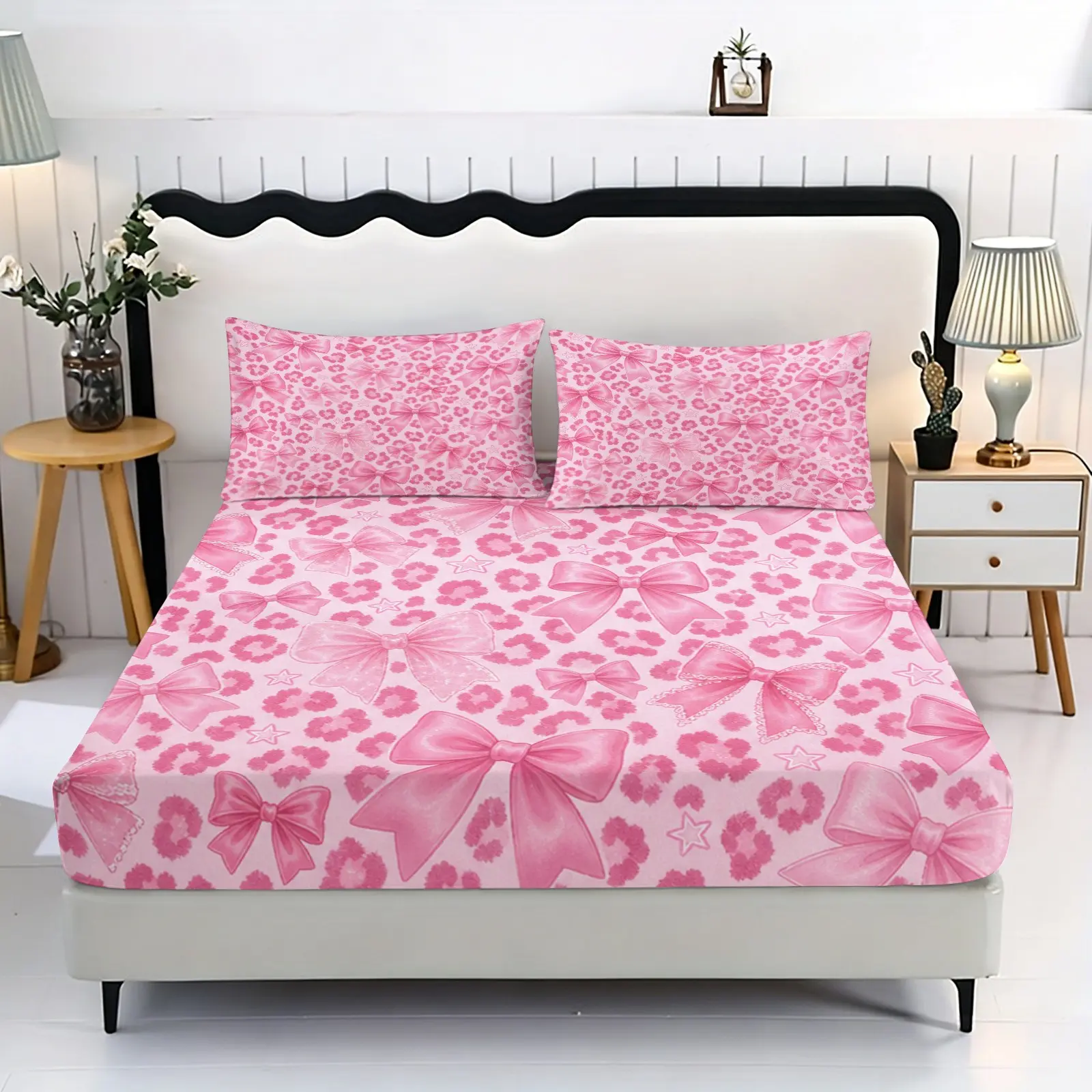 3pc leopard print bow printed bedding set, including 1 bedsheet and 2 pillowcases, without pillow core, deep pocket design, single, double, and extra large double beds, soft and comfortable home bedding, Soft Comfy Bedding, suitable for holiday gifts