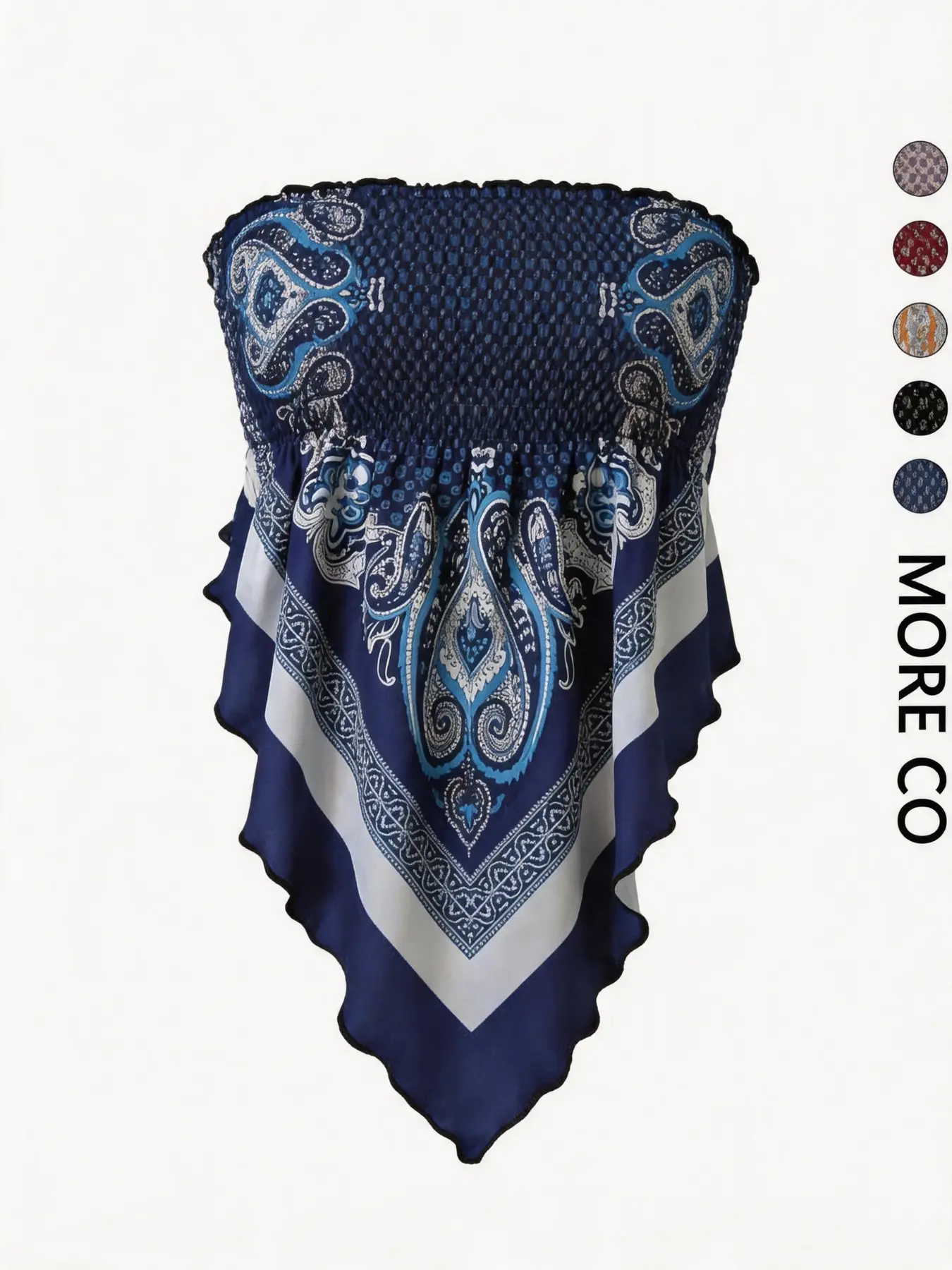 Boho Bohemian Style Vibrant Blue Ethnic Paisley Print Sleeveless Asymmetrical Hem Cami Top, Non-Elastic Polyester Spandex Blend, Perfect for Vacation