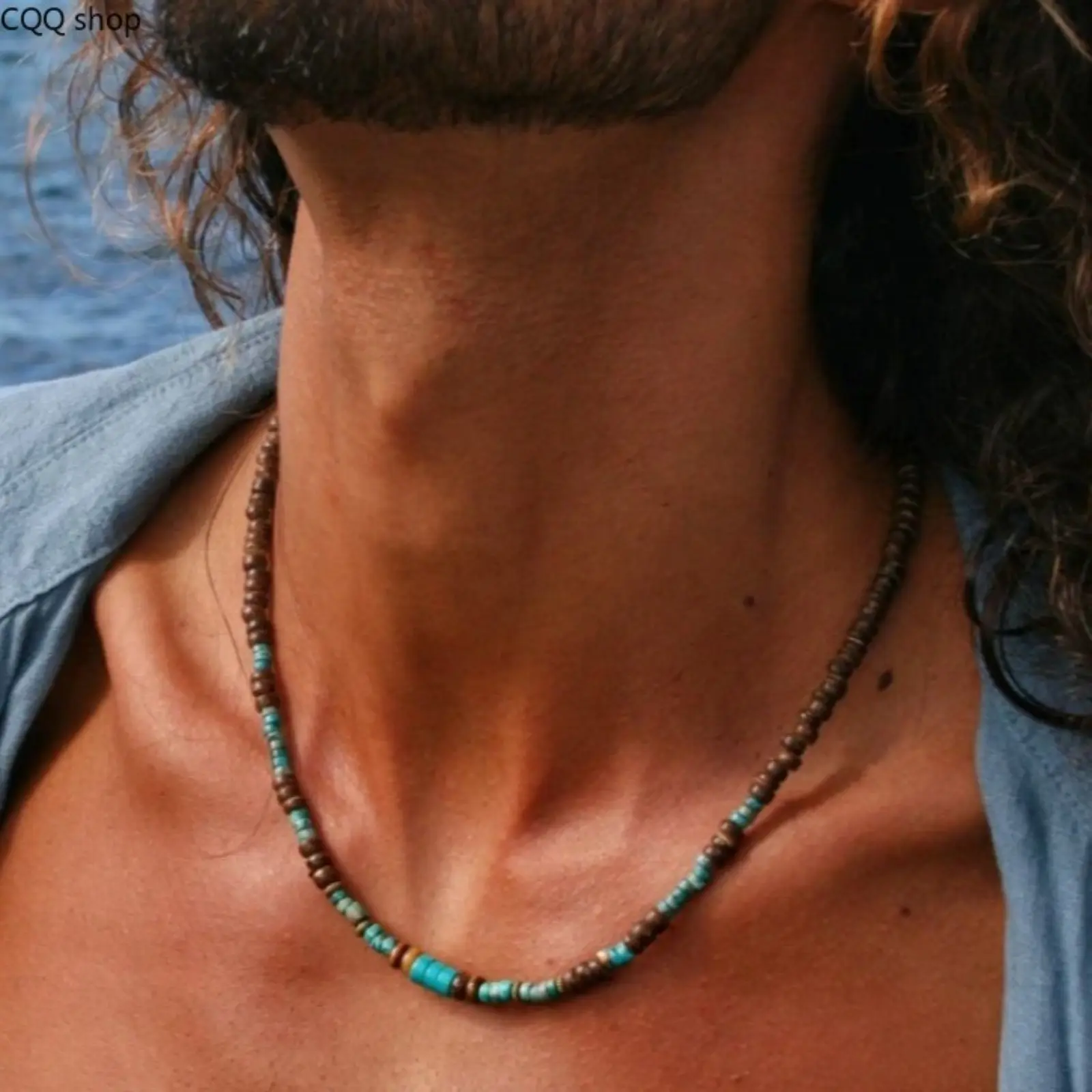 Unisex Minimal Coconut Shell Beaded Necklace, Natural Emperor Stone Spacer Chain, Trendy Summer Beach Jewelry for Daily Casual Vacation Outfits