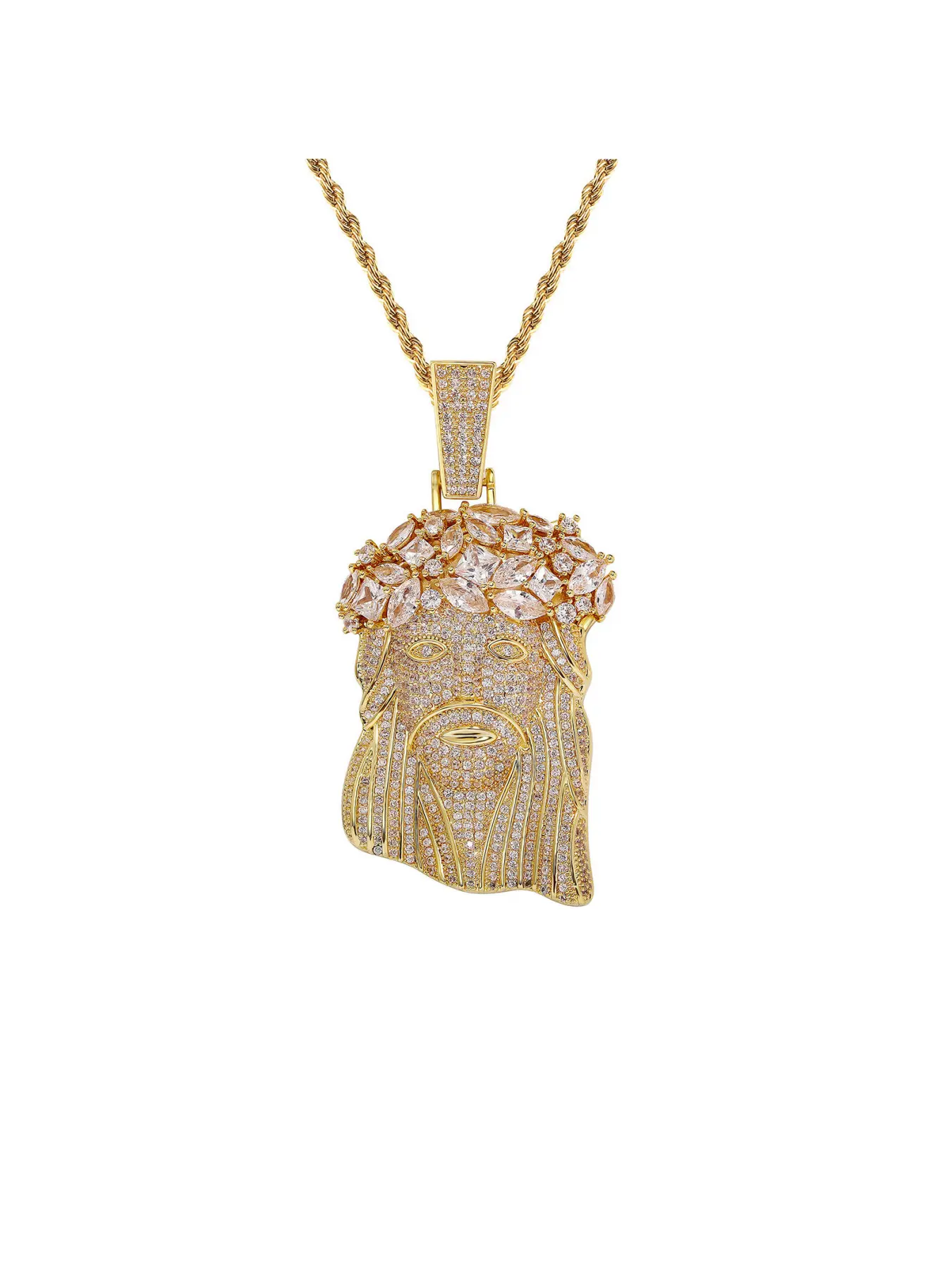 Iced Out Jesus Piece Pendant for Men, 18K Gold Plated Full CZ Diamond Hip Hop Chain with Rope Chain, Bling Rapper Jewelry Gift for Him, Trendy Necklace