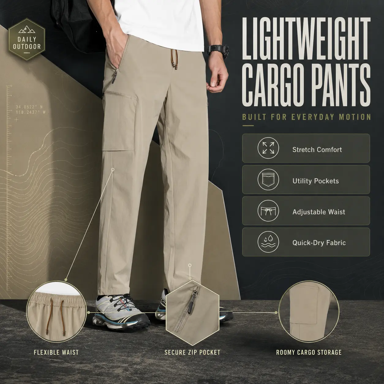 Men's Quick Dry Fishing Cargo Pants, Lightweight with Multiple Pockets and Drawstring, Suitable for Outdoor Hiking and Walking