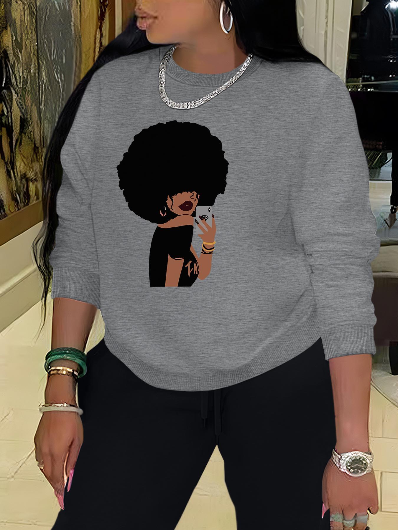 Women's Letter & Afro Girl Print Crew Neck Sweatshirt, Casual Long Sleeve Pullover for Fall & Winter, Women's  Clothes for Daily Wear