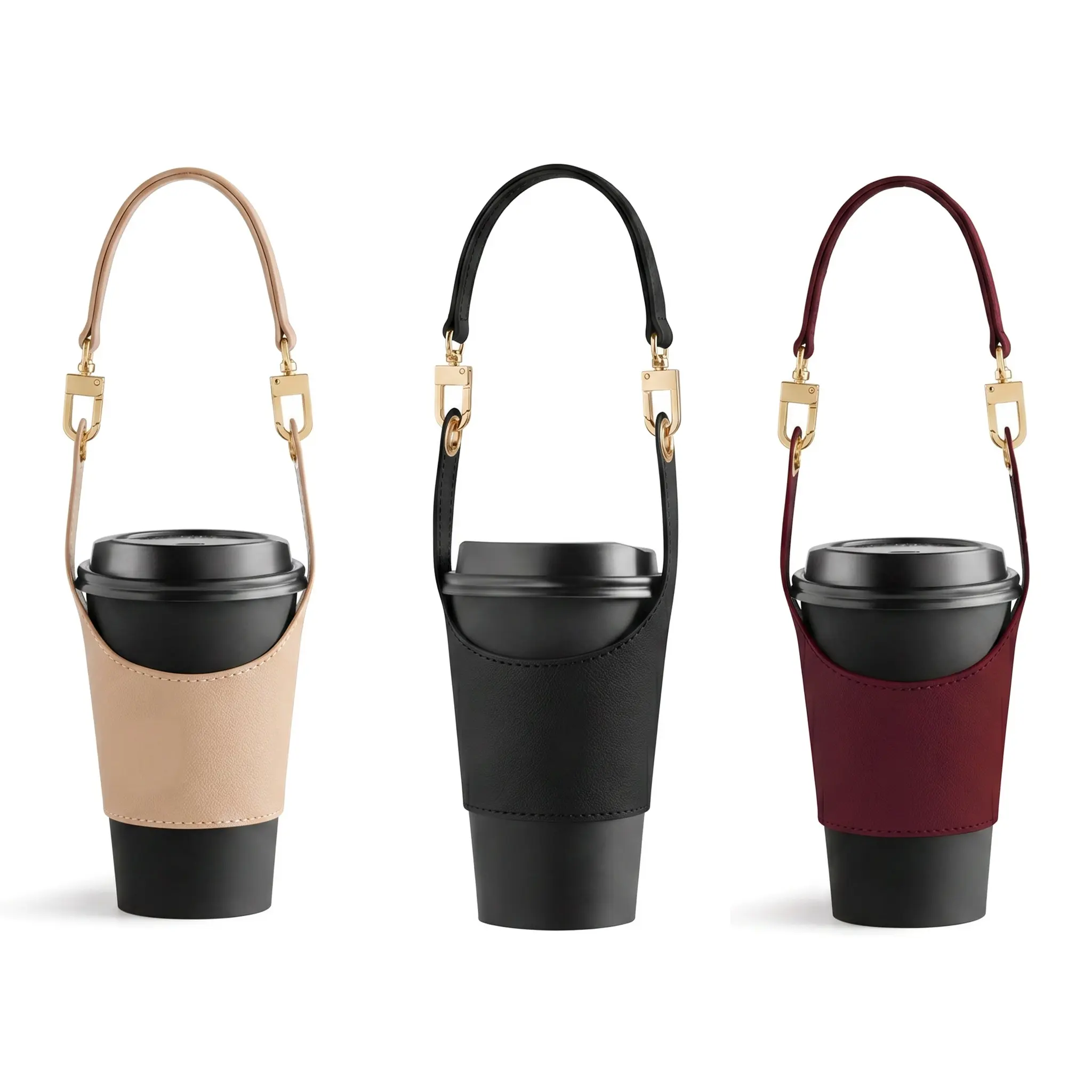 Premium PU Leather Adjustable Velcro Strap Thermal Hold Cup Sleeve, Insulated Hand-Carry Bag for Iced Coffee & Hot Drinks, Travel Use Tumbler Accessory