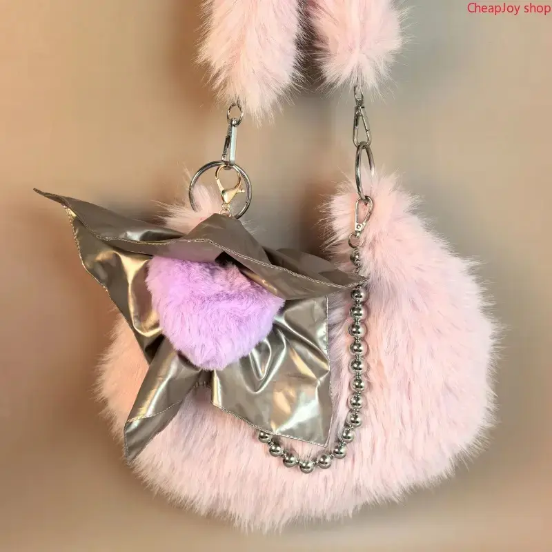 Summer Picks Genuine Leather Furry Crossbody Handbag, trendy soft fur trim casual shoulder purse, stylish daily carry bag for street outings, romantic lover’s holiday gift choices