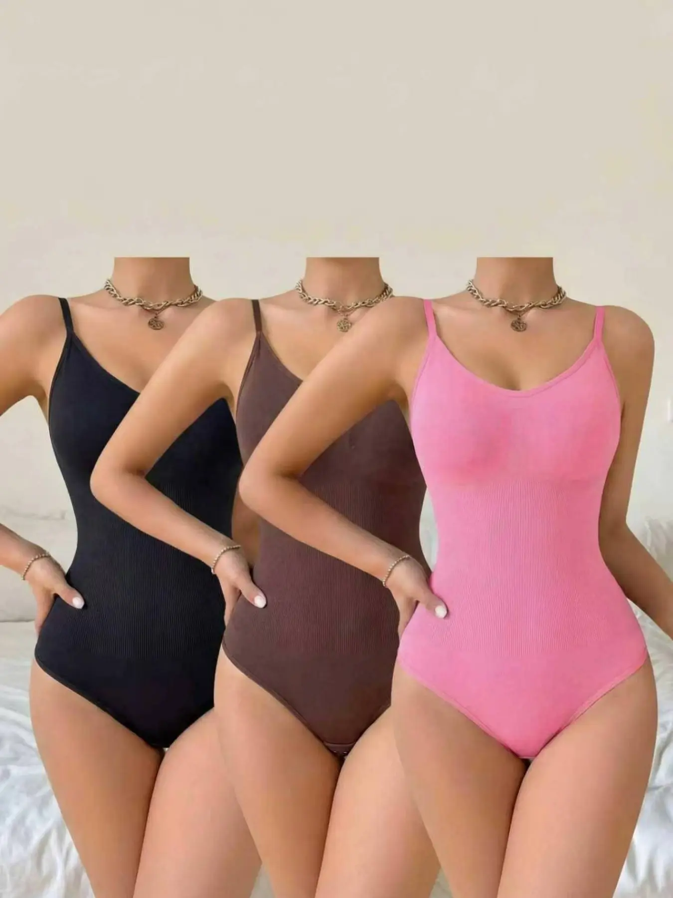 Women's 3 Pack Tummy Control Bodysuits, Seamless Adjustable Strap Thong Compress Shapewear Set, Breathable Stretch One Piece Body Shapers for Daily Wear, Dresses and Layering, Spaghetti Strap