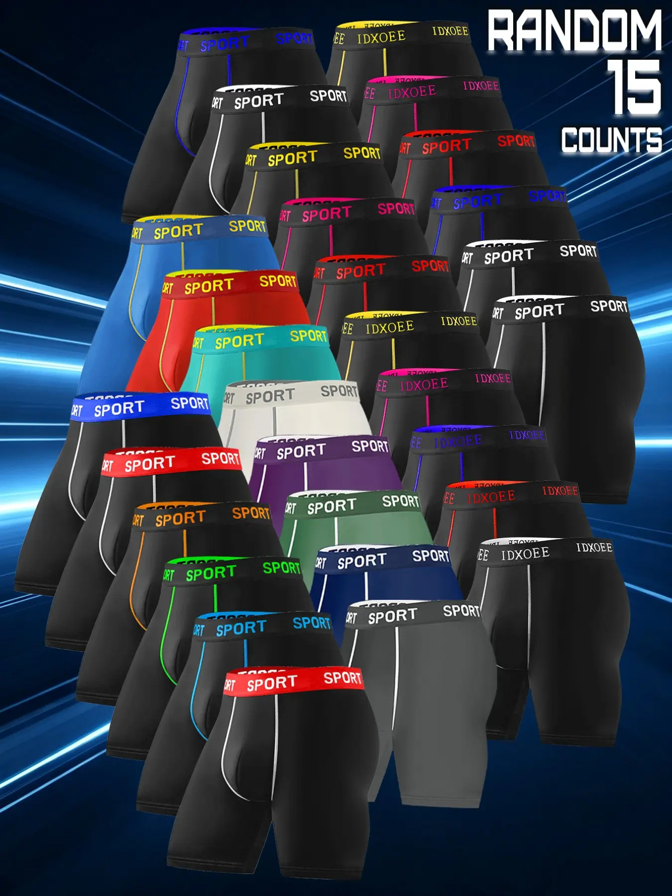 15 pcs random men's long style flat cornered underwear, Comfortable and breathable underwear, Lightweight and soft, sporty men's underwear, Sportswear, Suitable for home wear, Durable and casual, Suitable for fitness boxing, Four Seasons.