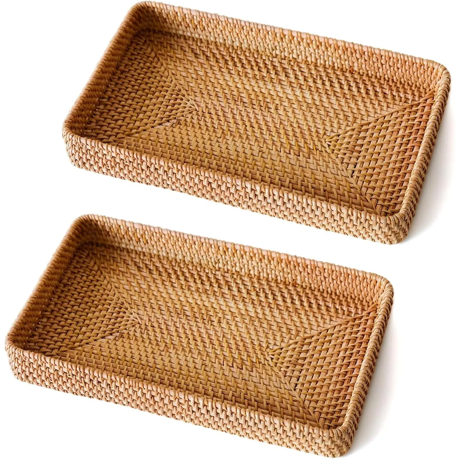 2 Pack Rattan Serving Tray, Rectangle Wicker Storage Basket for Organizing