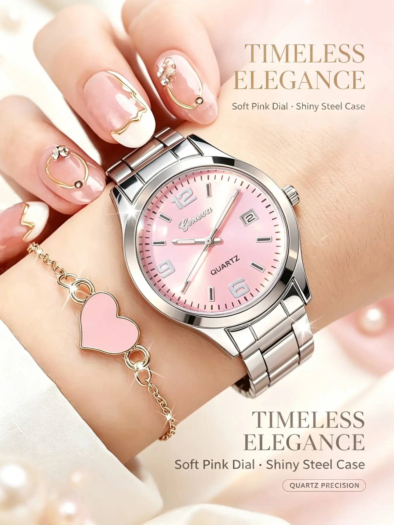 Elegant Ladies Quartz Watch Set with Heart Bracelet, Calendar Function, Dial, Digital Scale Design, Perfect Gift for Loved Ones