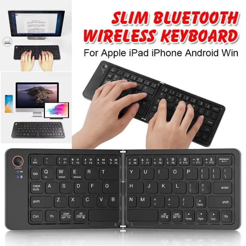 Foldable Bluetooth-compatible Keyboard, 67-Key Portable Folding Keyboard with Stand, Ultra-Thin Rechargeable Travel Keyboard, Syncs Up to 3 Devices