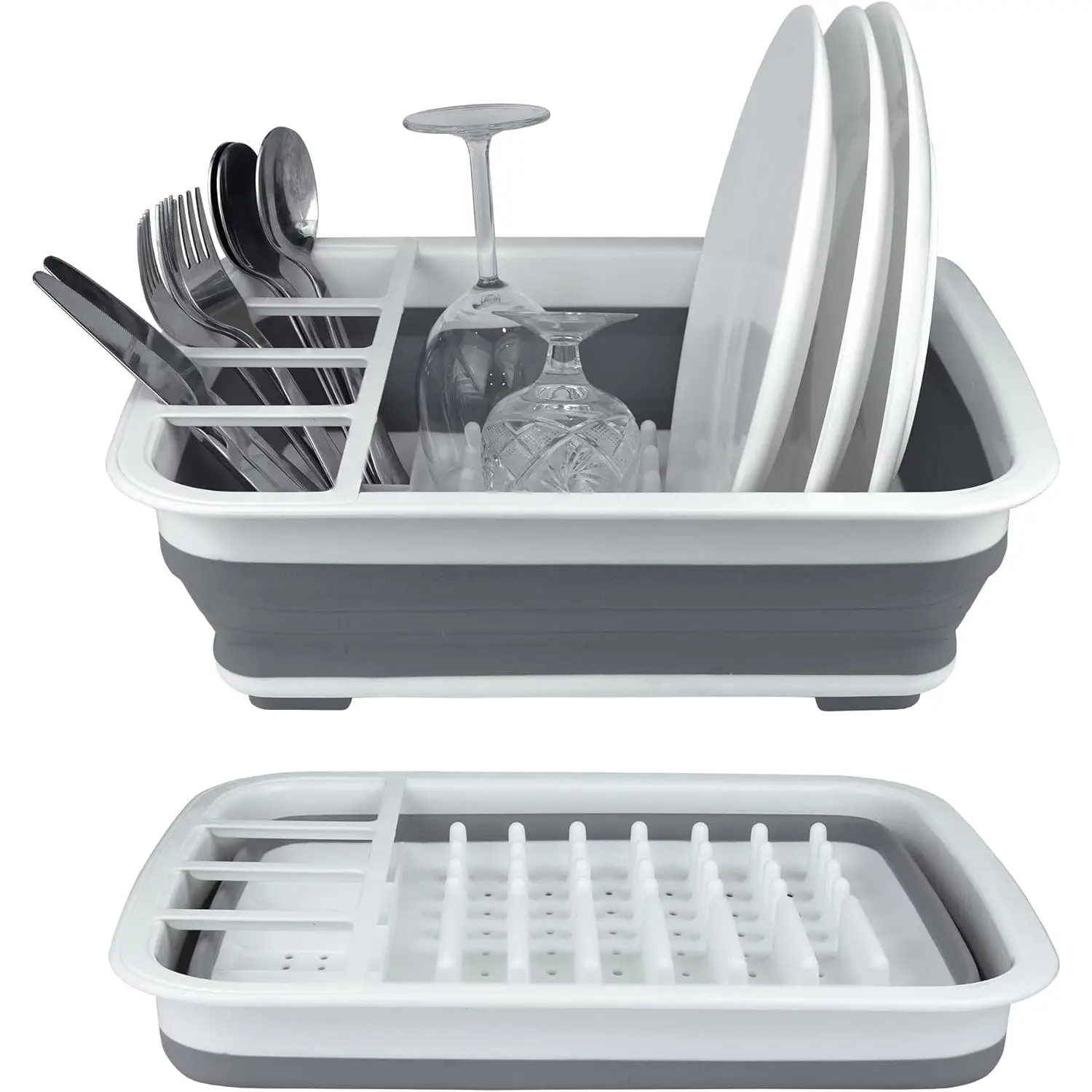Collapsible Dish Drying Rack, Foldable Dinnerware Drainer Organizer | Space-saving plastic kitchen storage organizer. Compact folding dish drainboard  for RVs, camping & small countertops.