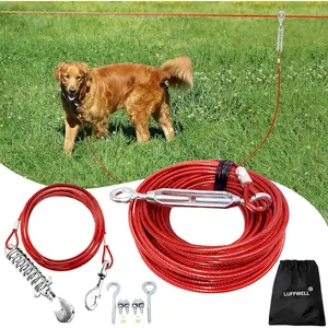 100FT Dog Runner for Yard with 15FT Tie Out Cable Heavy Duty Trolley System for Large Dogs Up to 250LBS Backyard Park Camping Use Red 100FT+15FT