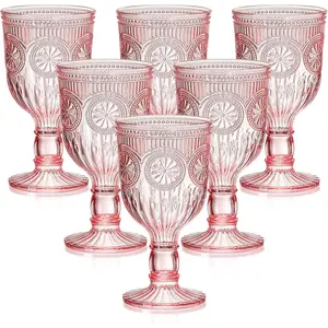 12 Oz Unbreakable Plastic Vintage Sunflower Embossed Wine Glasses Goblets Champagne Flutes for Wedding Bridal Shower Party 6 Pack Pink