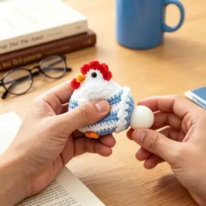 Handmade Crochet Chicken Figurine, Soft Squeeze Ornament, Stress Relief Decor for Desk, Car & Home