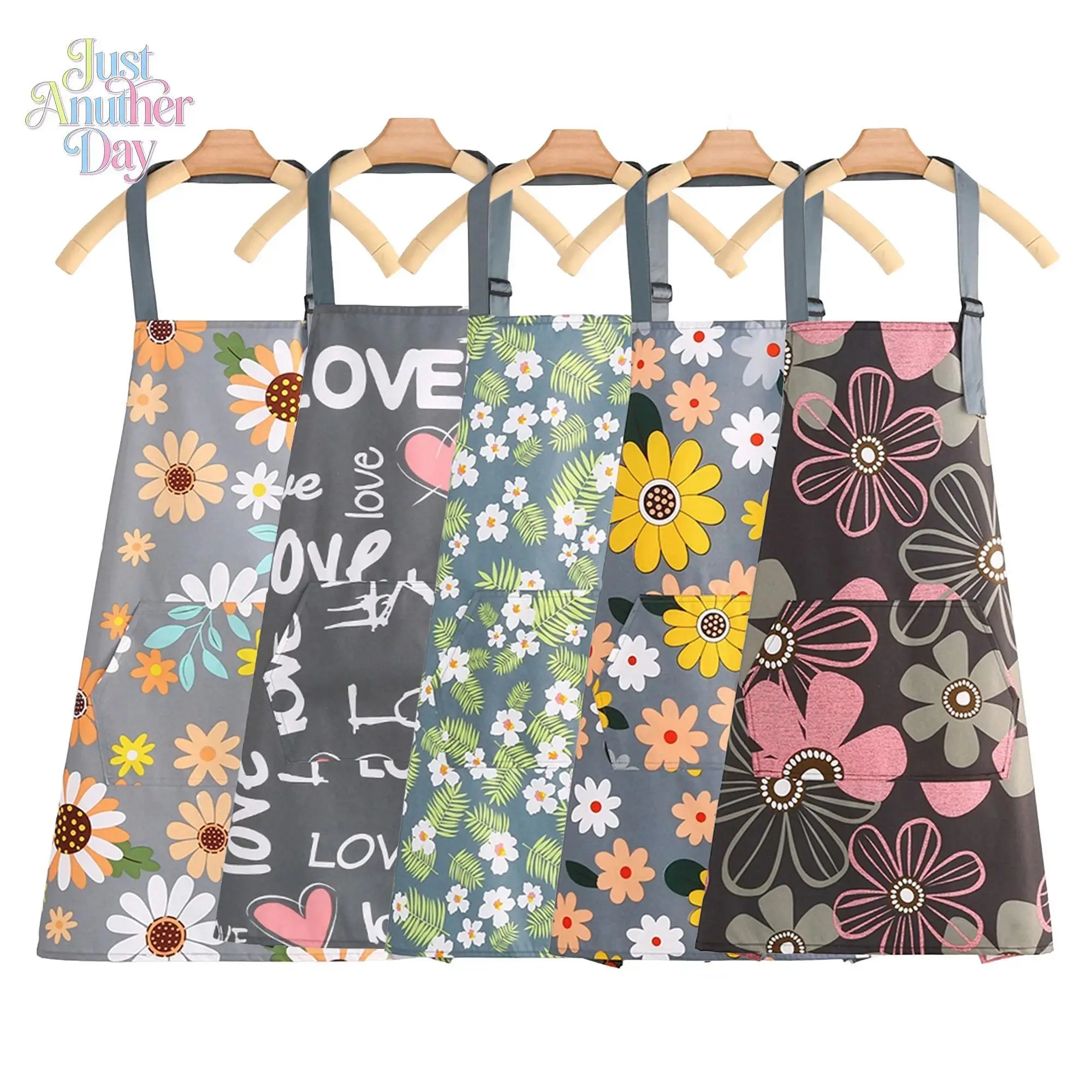 Pack of 5 Funky Floral Lady Aprons for Women, Waterproof and Adjustable for Cooking with Pockets - Romantic and Glamorous Styles