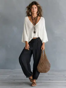 New Women's Early Spring Minimalist Style Lightweight Cape Sleeve Knitwear Sweater, Loose Big V-Neck Pullover, Casual Comfortable Top for Shopping