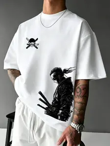 Tiktok Hot One Piece Luffy Three Sword Style Print T-Shirt, Unisex Cotton Round Neck Short Sleeve, Anime Fashion Oversize Loose Fit Top