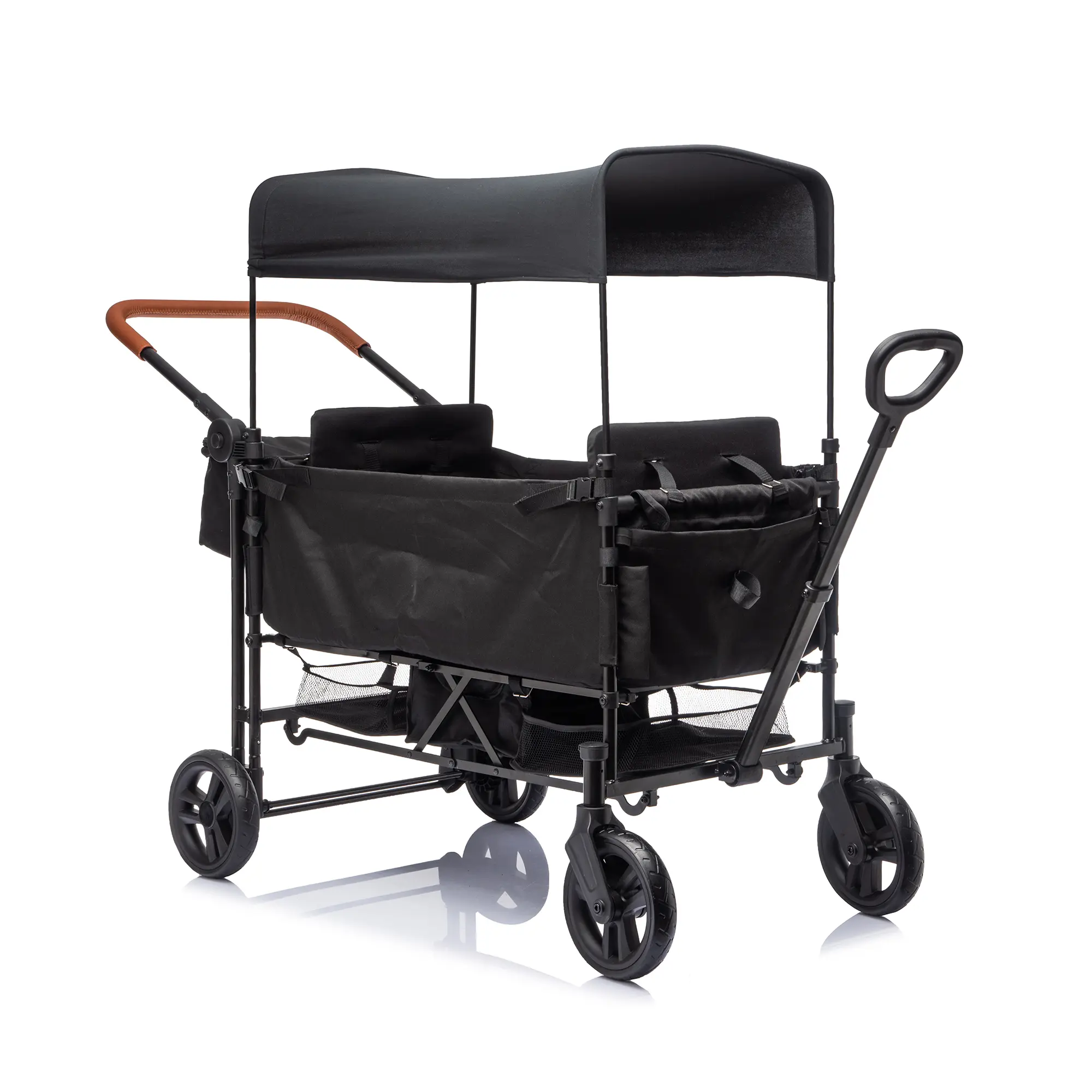 ARCH 2-Kid Wagon Stroller with Adjustable Push/Pull Handle, Detachable Canopy, 8" All-Terrain PU Wheels, Foldable Steel Frame, 97L Capacity, 5-Point Harness, Recessed Seats, Foot Brake, Black, for Camping, Beach, Grocery Runs, Black Color Options