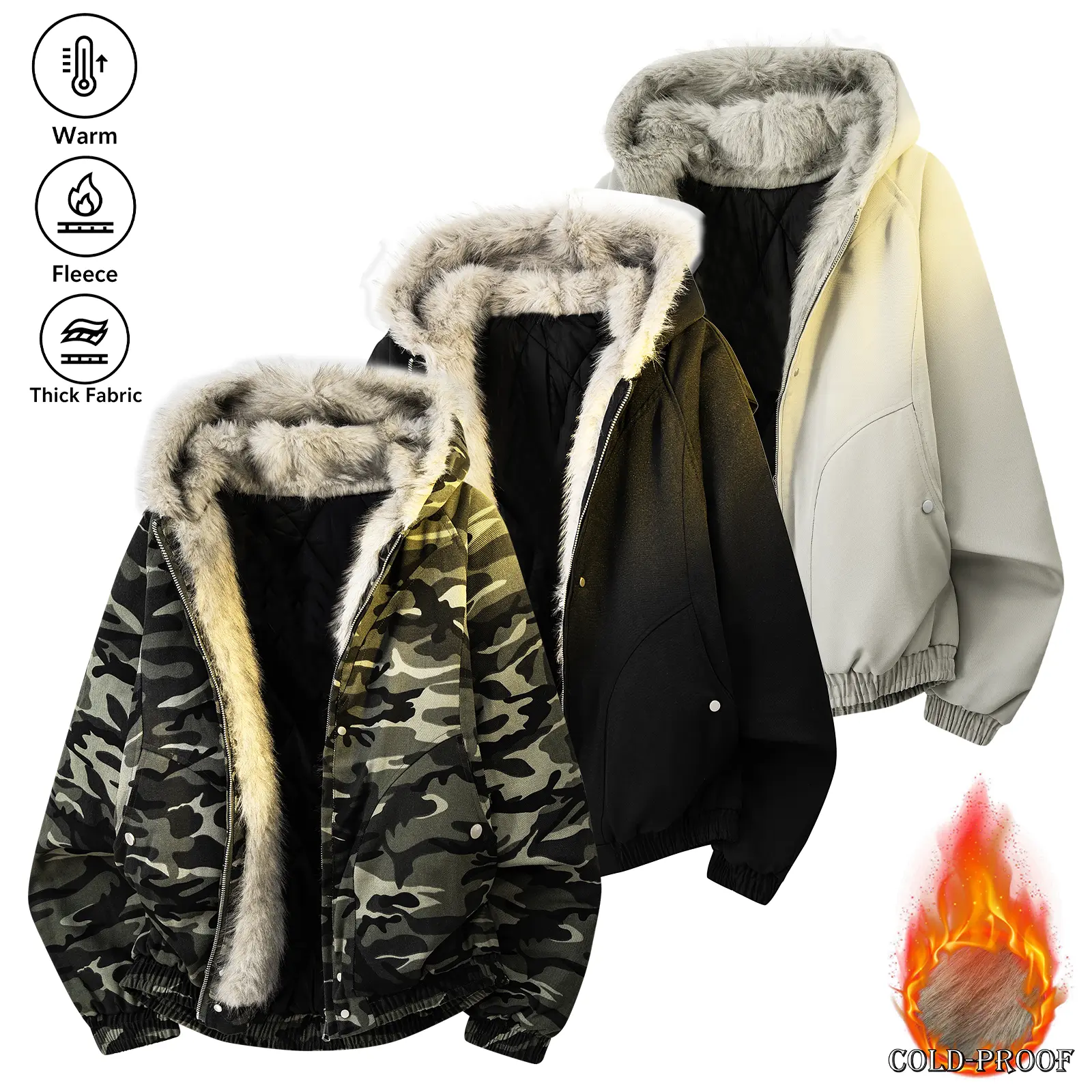 Men's Winter Jacket Faux Fur Hooded Coat Warm Parka Jacket Camouflage Military Style Windproof Outdoor Coat Thick Fabric Zip Up Casual Streetwear Outerwear Fleece Lined Hood Jacket for Cold Weather Fall Winter