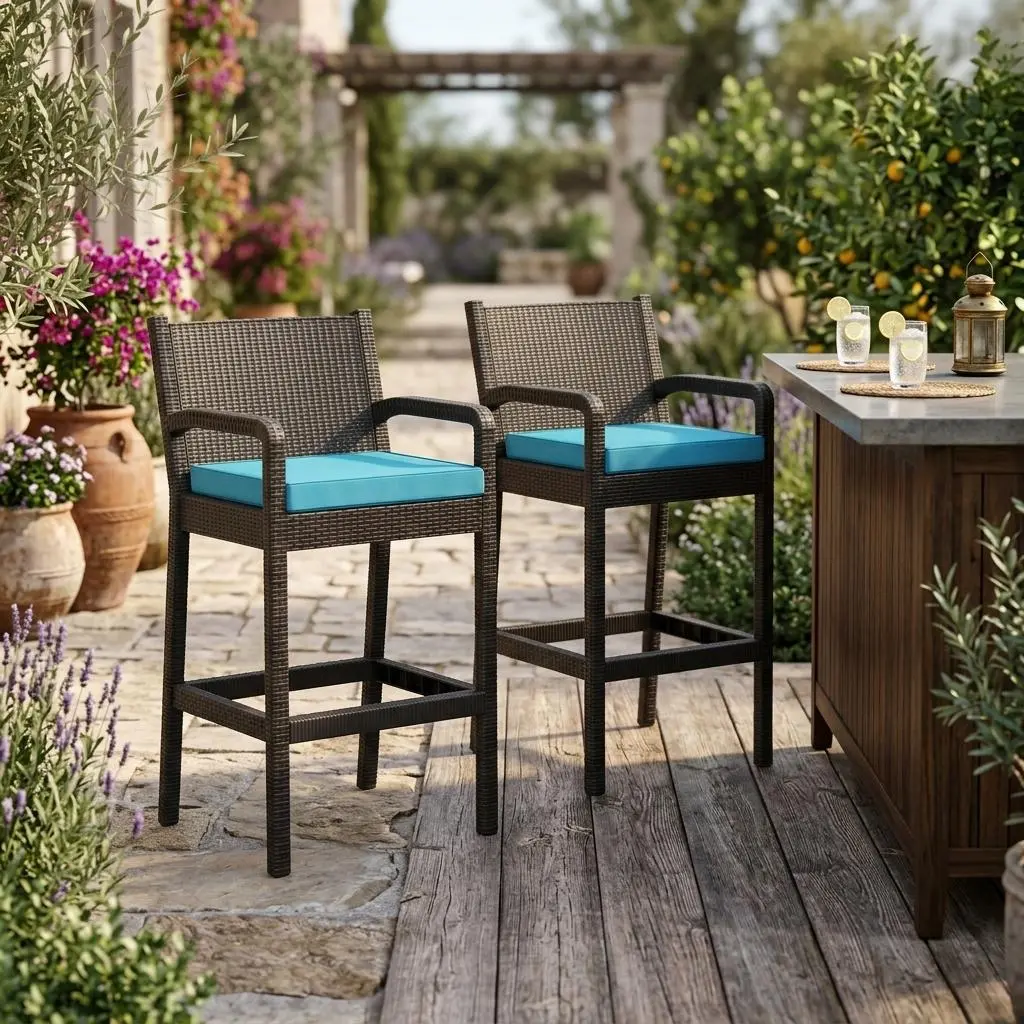 Set of 2 Black Wicker Bar Height Stools with Armrests & Soft Cushions, Weatherproof Outdoor Patio Bar Chairs, Cozy Seats for Pool Deck Balcony Garden Backyard,home decor,camping essentials