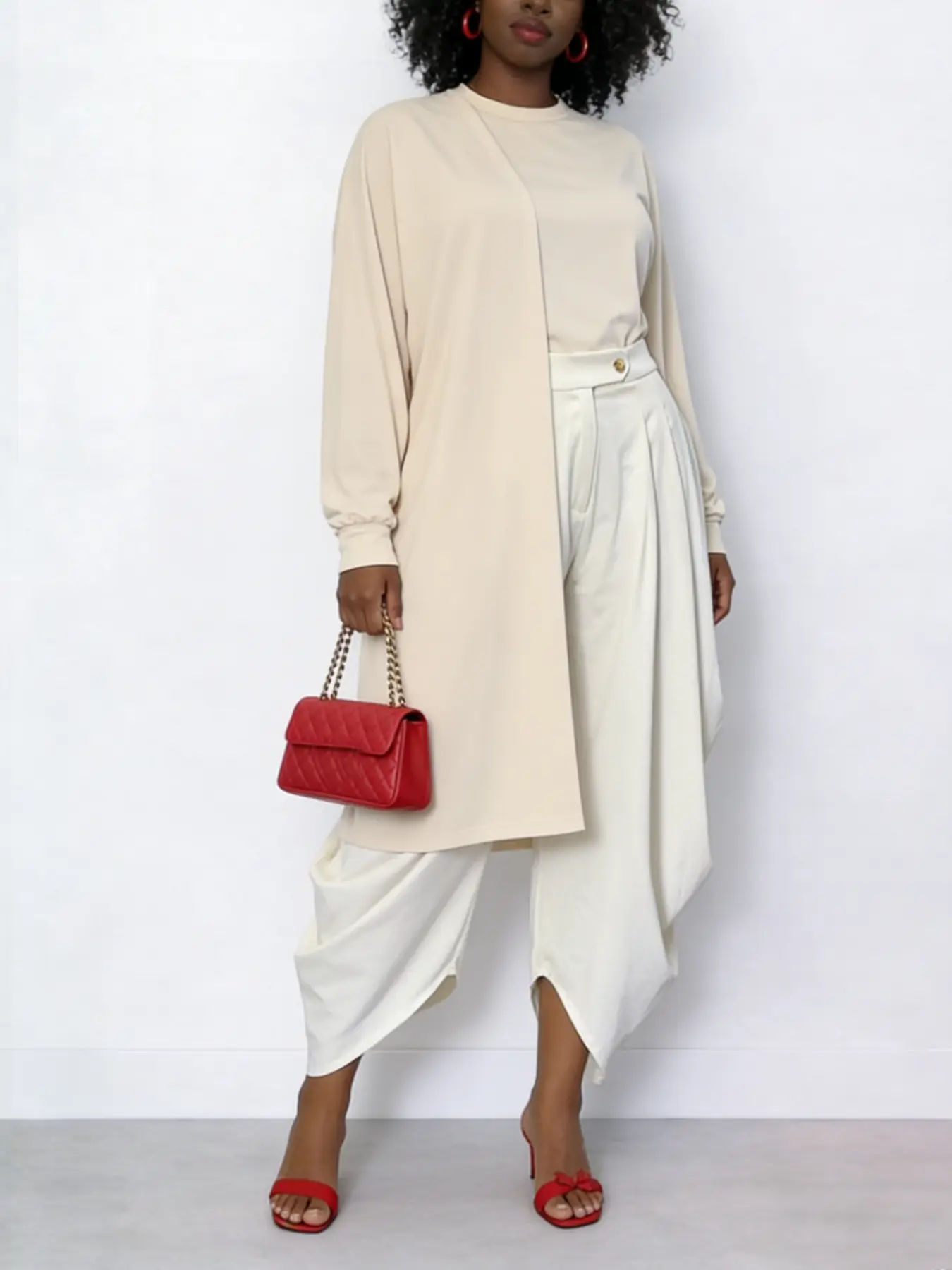 Solid Draped Heram Pleat Fitted Zipper Womenswear Pleated Bottom Casual Harem Pants (Sunset Orange / Sandy White)