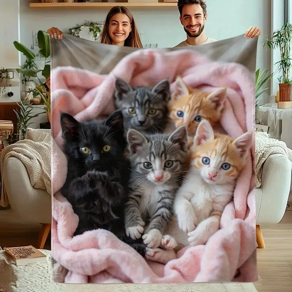 1pc Cozy Retro Vintage Fluffy Blanket - 280GSM Soft Plush Flannel, 6 Adorable Kittens Print, Fade-Resistant, Mixed Colors, Whimsical Animal Artwork, All-Season Indoor Use, Adorable Style Fluffy Blankets, Adorable Style Blankets