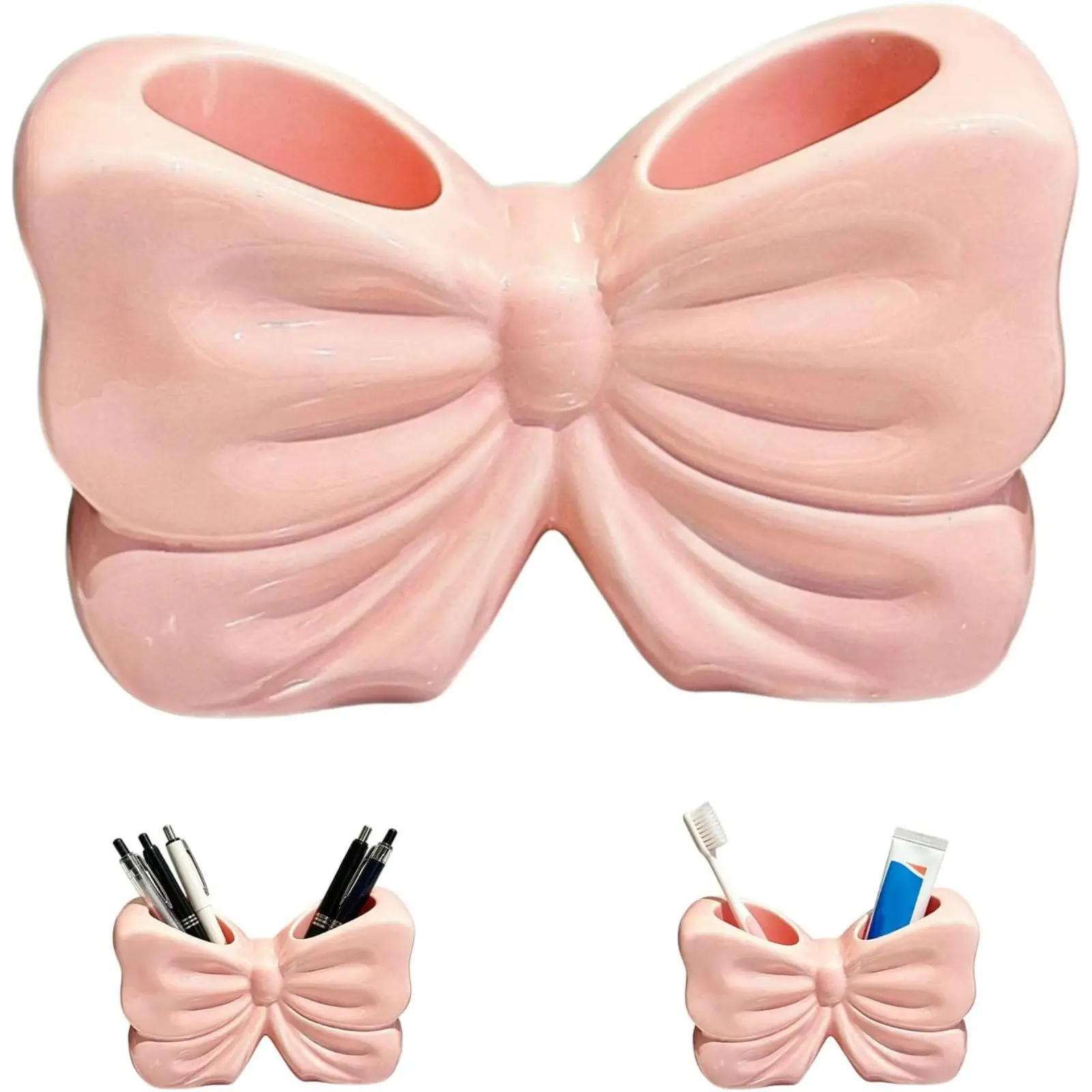 Bow Toothbrush Holder, Resin 2-Slot Cute Bowtie Organizer for Electric Toothbrush, Toothpaste, Floss & Razor, Aesthetic Bathroom Counter Decor