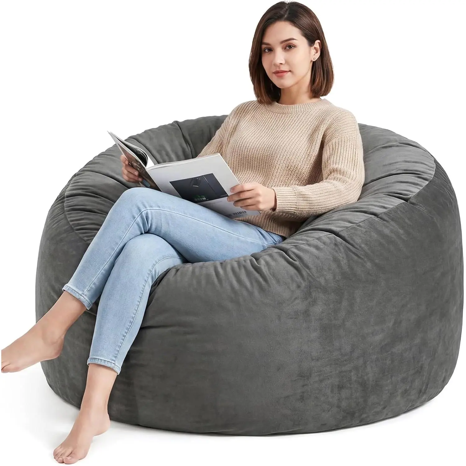 3FT Grey Bean Bag Chair for Teens with Memory Foam Filling, Ultra Soft Washable Velvet Cover, BeanBag Sofa for Living Room Bedroom and Gaming Room
