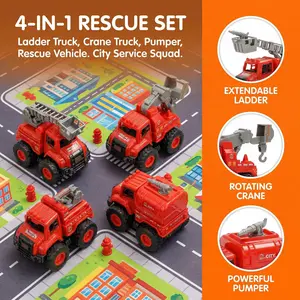 4-Pack Friction Powered Fire Rescue Truck Toy Set, Push and Go Fire Engine Vehicles for Toddlers Ages 1–5