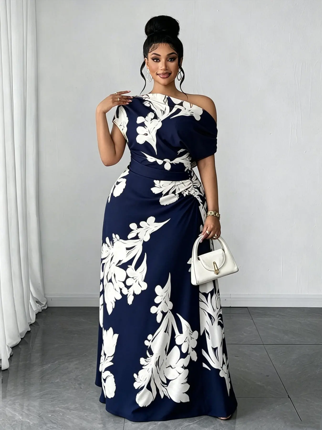 Women's Plus Size Floral Print Dress, Asymmetrical Shoulder High Waist Fitted Long Dress, Elegant Party & Business Event Wear