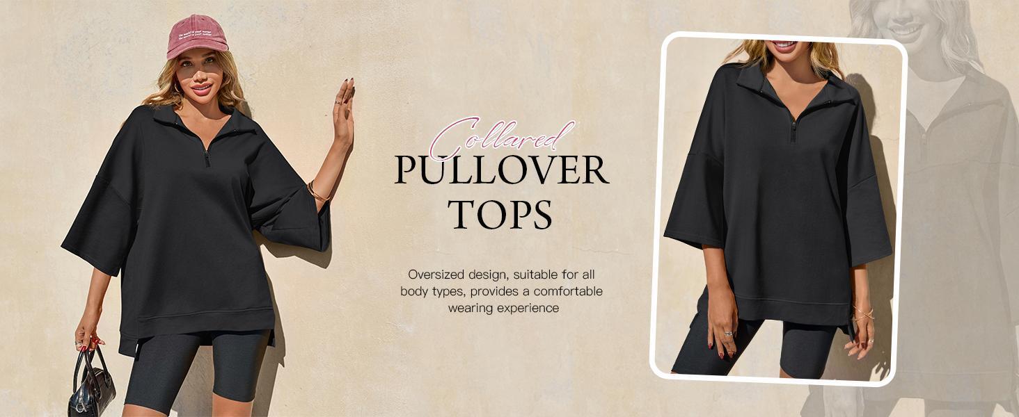 Fashare fitness Womens Oversized Sweatshirt Casual Zip Up V Neck 3/4 Sleeve High Low Pullover Tunic Tops