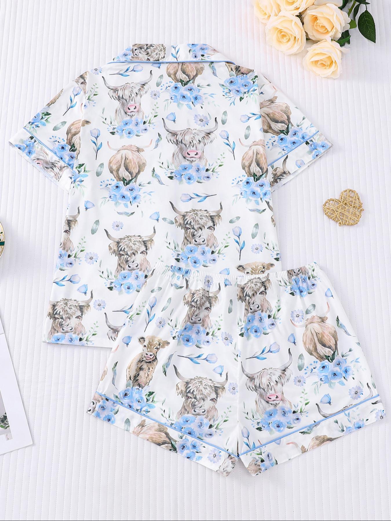 Women's All-Over Cow-Print Contrast-Trim Shirt & Elastic-Waist Shorts Pajama Loungewear Set, Casual Comfy Short Sleeve Collared Top & Shorts PJ Two-Piece Set