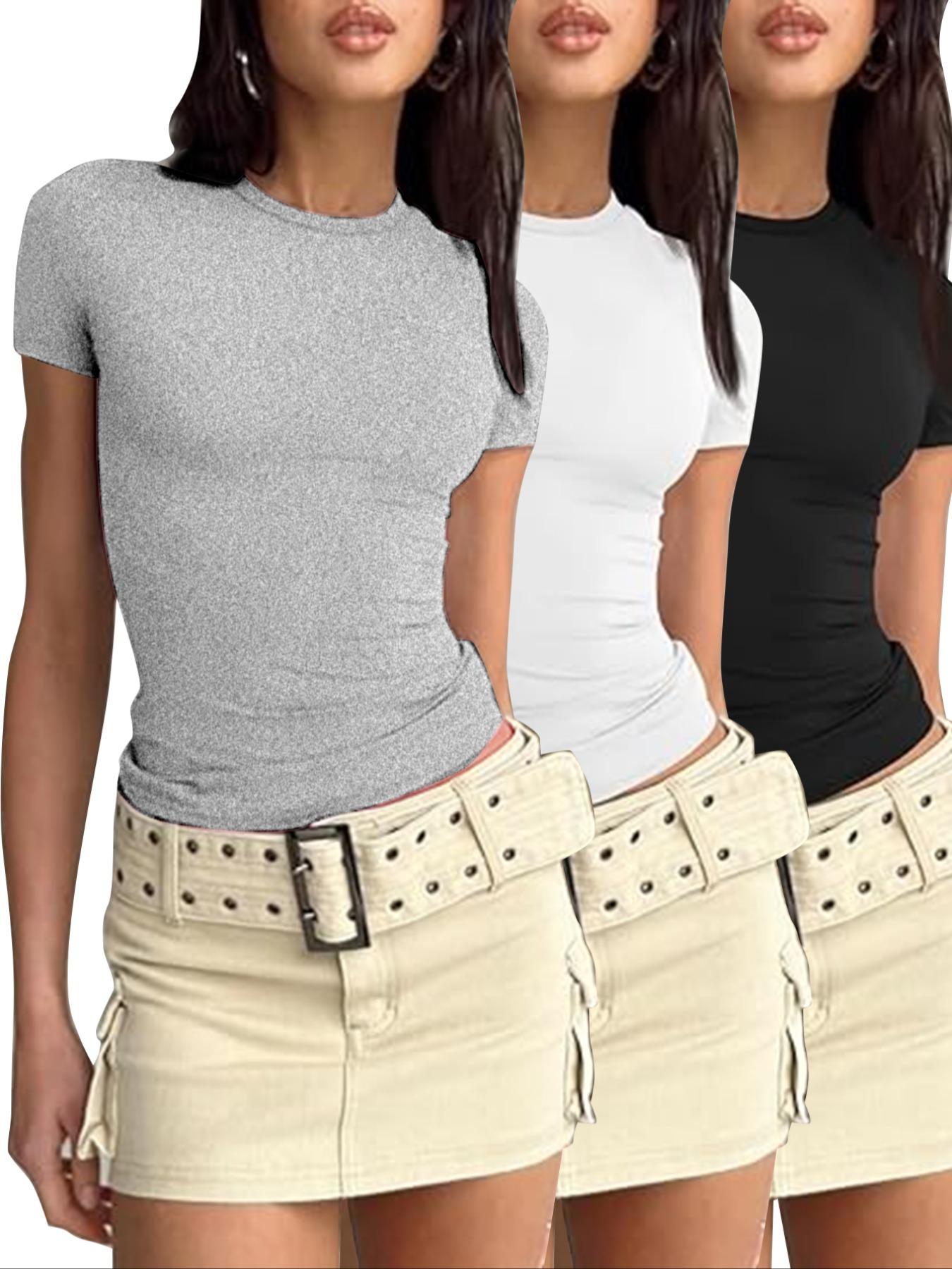 Women's 3pcs Plain Round Neck Loungewear Tee, Casual Basic Short Sleeve T-shirt for Daily Wear, Ladies Sleepwear, Womenswear, Summer Outfits 2024
