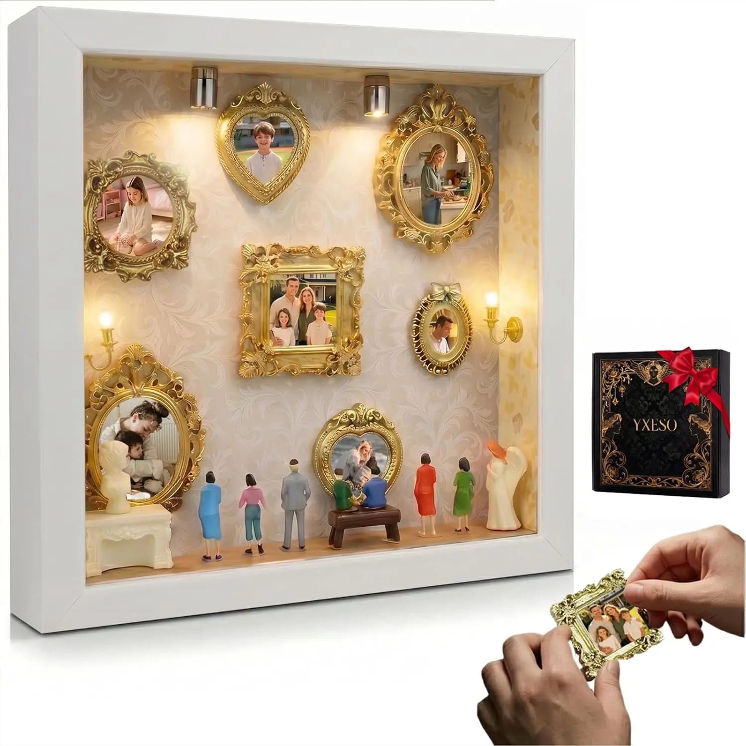 DIY Mini Museum Silhouette Photo Decor Set - Shadow Box Frame with 7 Gold Mini Picture Frames, 8 People Figurines, 8.74in for Anniversary, Valentine's Day Gifts