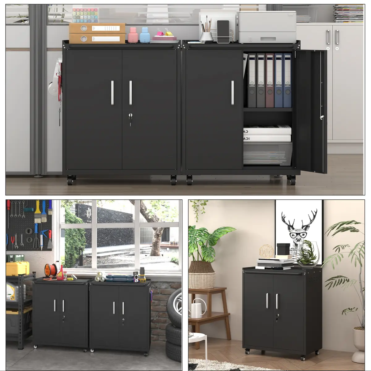Heavy-Duty Rolling Metal Storage Cabinet With Lock & 2 Keys, Industrial Mobile Steel Tool Locker With 360° Silent Caster Wheels & Brakes, Adjustable Shelves, Side Hooks & Top Guardrail For Garage, Kit On-Site