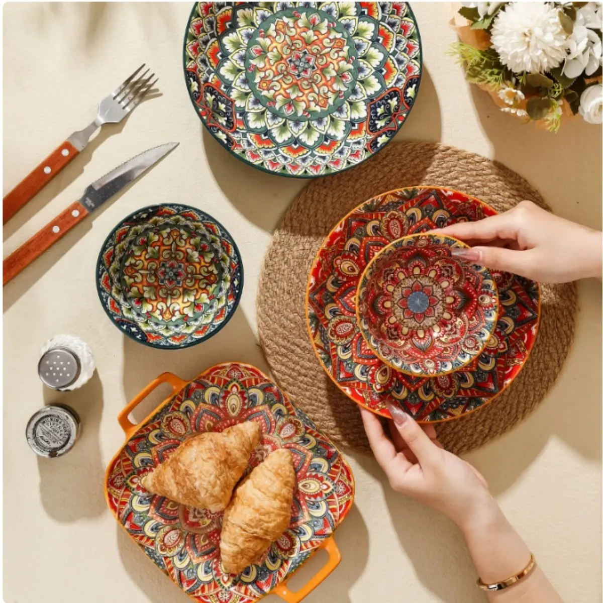 Floral Pattern Ceramic Bowl Set, 3 Counts/set Boho Style Colorful Bow, Porcelain Plates and Bowls Set,  Bohemian Style Tableware Sets, Microwave & Dishwasher Safe, Scratch-Resistant, Lead-Free, Space-Saving Stackable Design, Ideal for Daily Use & Gifts