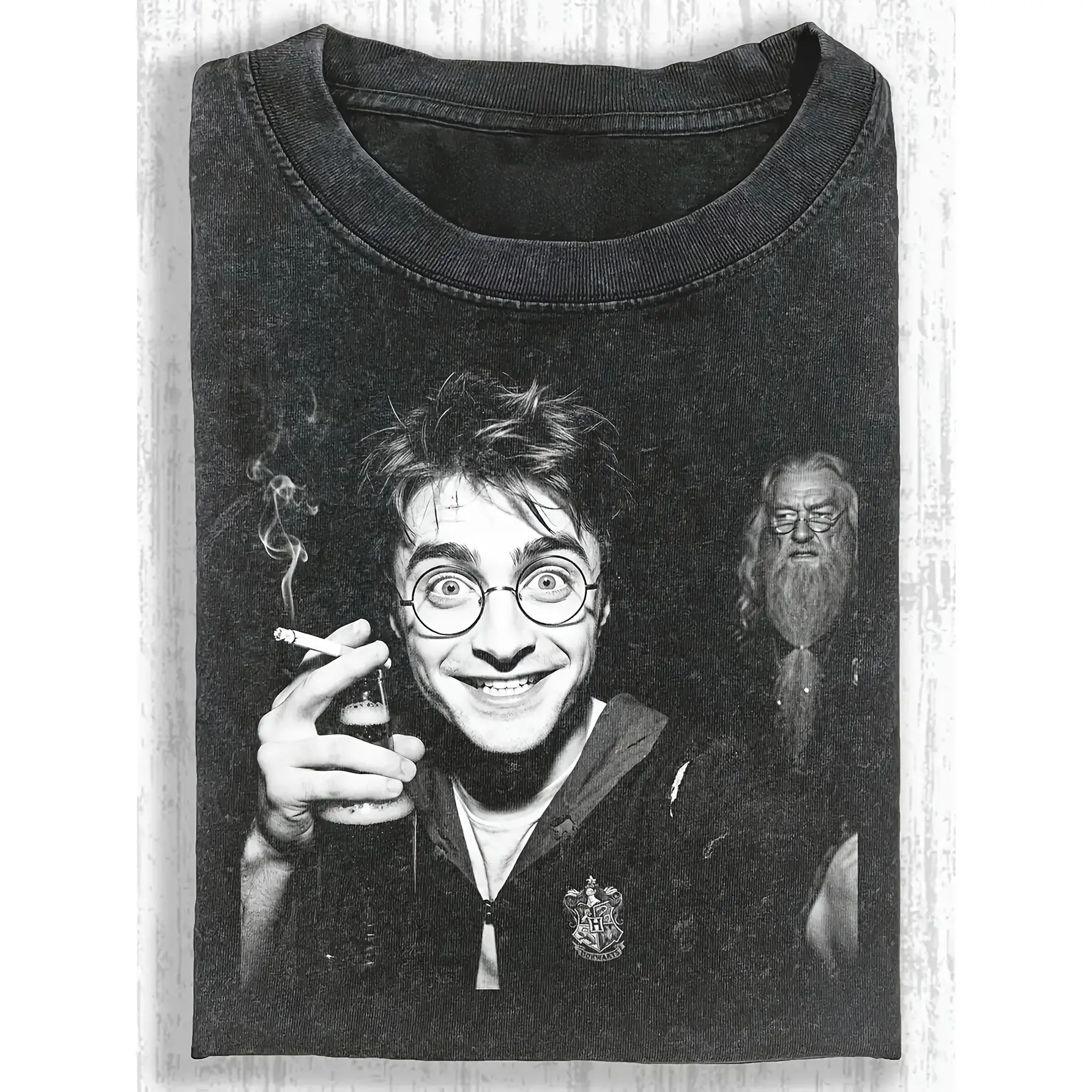 Men's 100% Cotton Graphic T-Shirt - Casual Dumbledore Print, Vintage Washed, Short Sleeve, Regular Fit, Round Neck, Streetwear Knit Top, Machine Washable Menswear