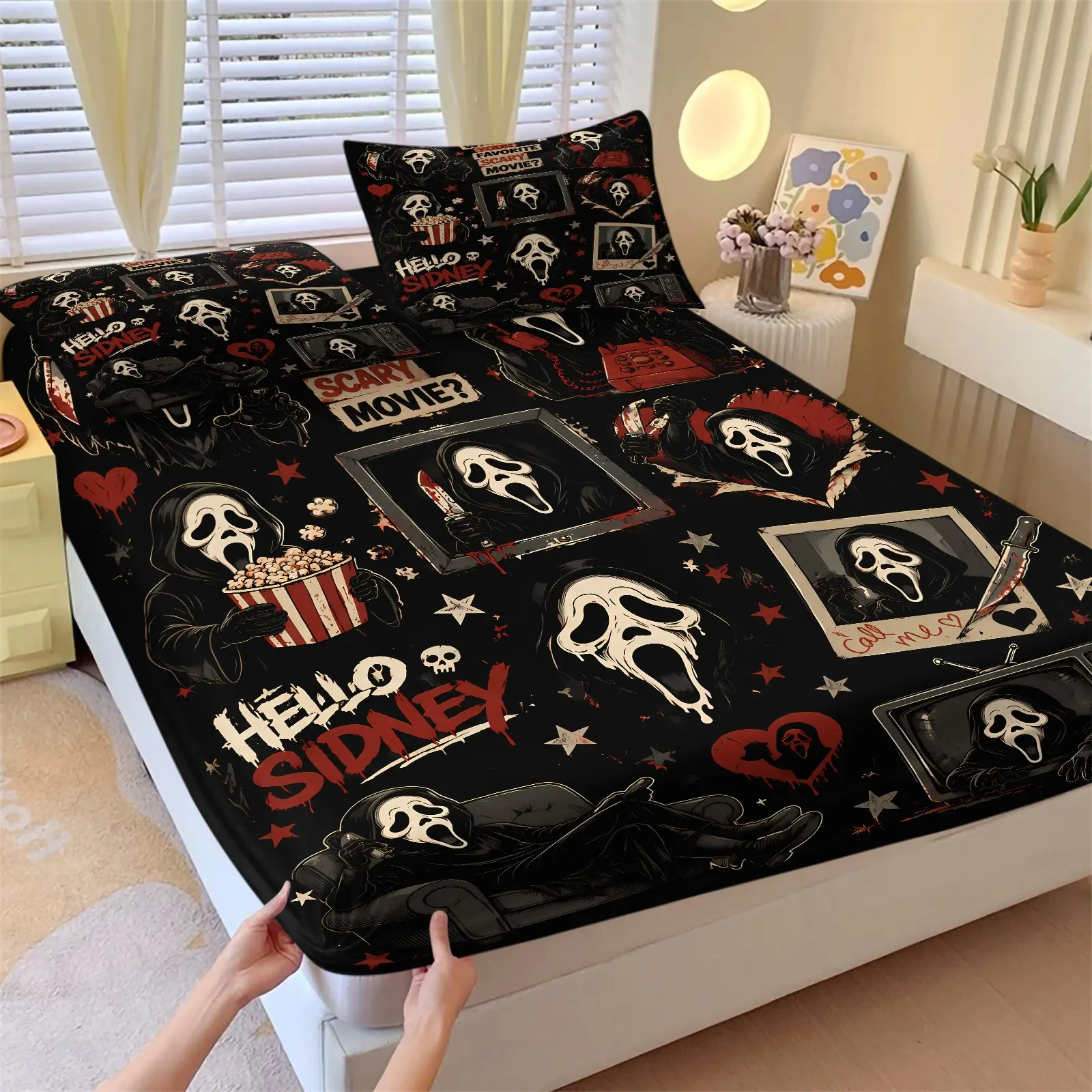 3PCS Retro Horror Ghostface Fitted Sheet Set (1 Fitted Sheet+2 Pillowcases), Soft Skin Friendly Fabric, Stretch Deep Pocket, HD Digital Print, Bedroom Decor Accessories, Unique Gift for Halloween