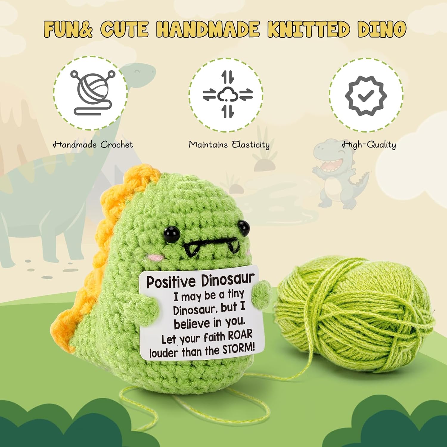 Cute mini handmade inspirational dinosaur plush! This little positive crochet dino is the perfect sweet gift for friends, family, colleagues and loved ones. Great as encouragement presents, birthday gifts and Christmas stocking stuffers for everyone.