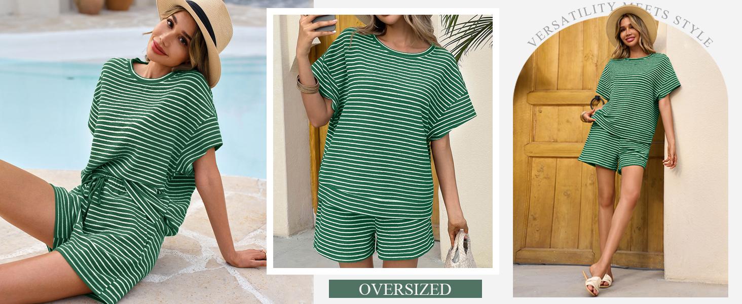Aoysky Womens Striped 2 Piece Lounge Sets Short Sleeve Oversized T Shirts Drawstring Shorts Matching Set
