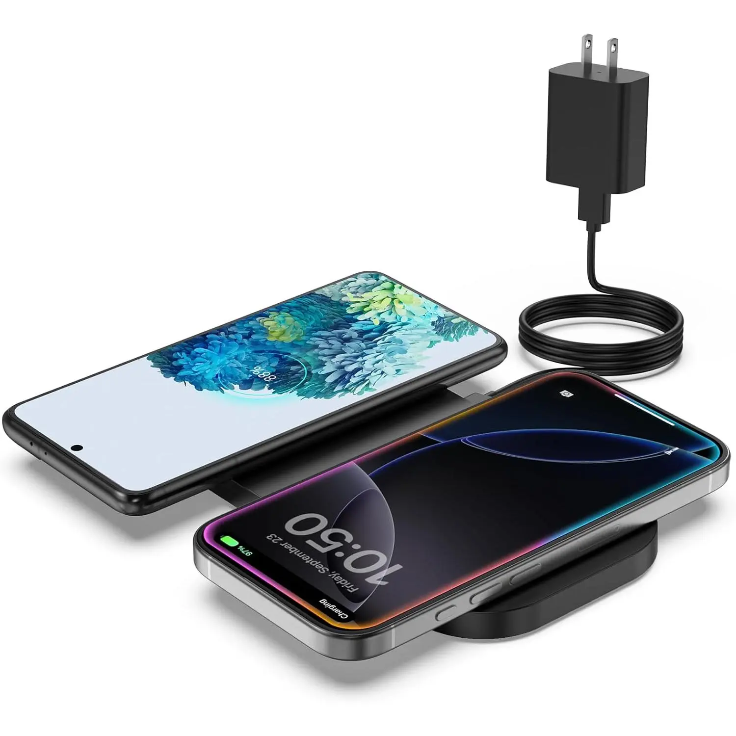 GEEKERA Wireless Charger, 10W Max Dual Charging Pad for iPhone 17/16/15/14/13/12/11/XR/X/8, Airpods 4/3/2/Pro, Samsung Galaxy S25/S24/S23/S22/S21, QC 24W Adapter, Charging Adapter