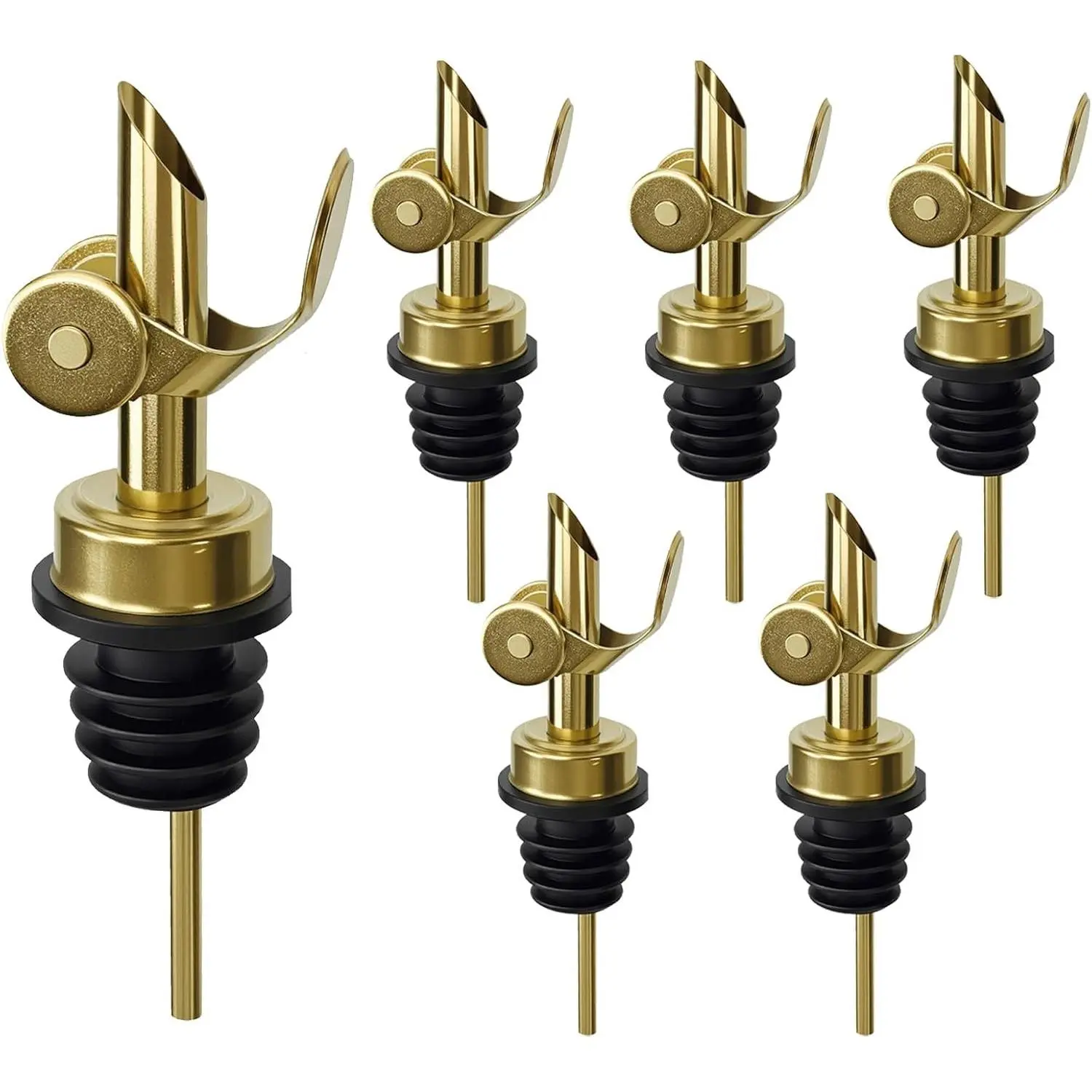 6-Pcs Solid Metal 304 Stainless Steel Auto Flip Pouring Tips Set - Home Bar & Kitchen Dispenser Spouts for Olive Oil, Alcohol, Essential Utensils (Gold)