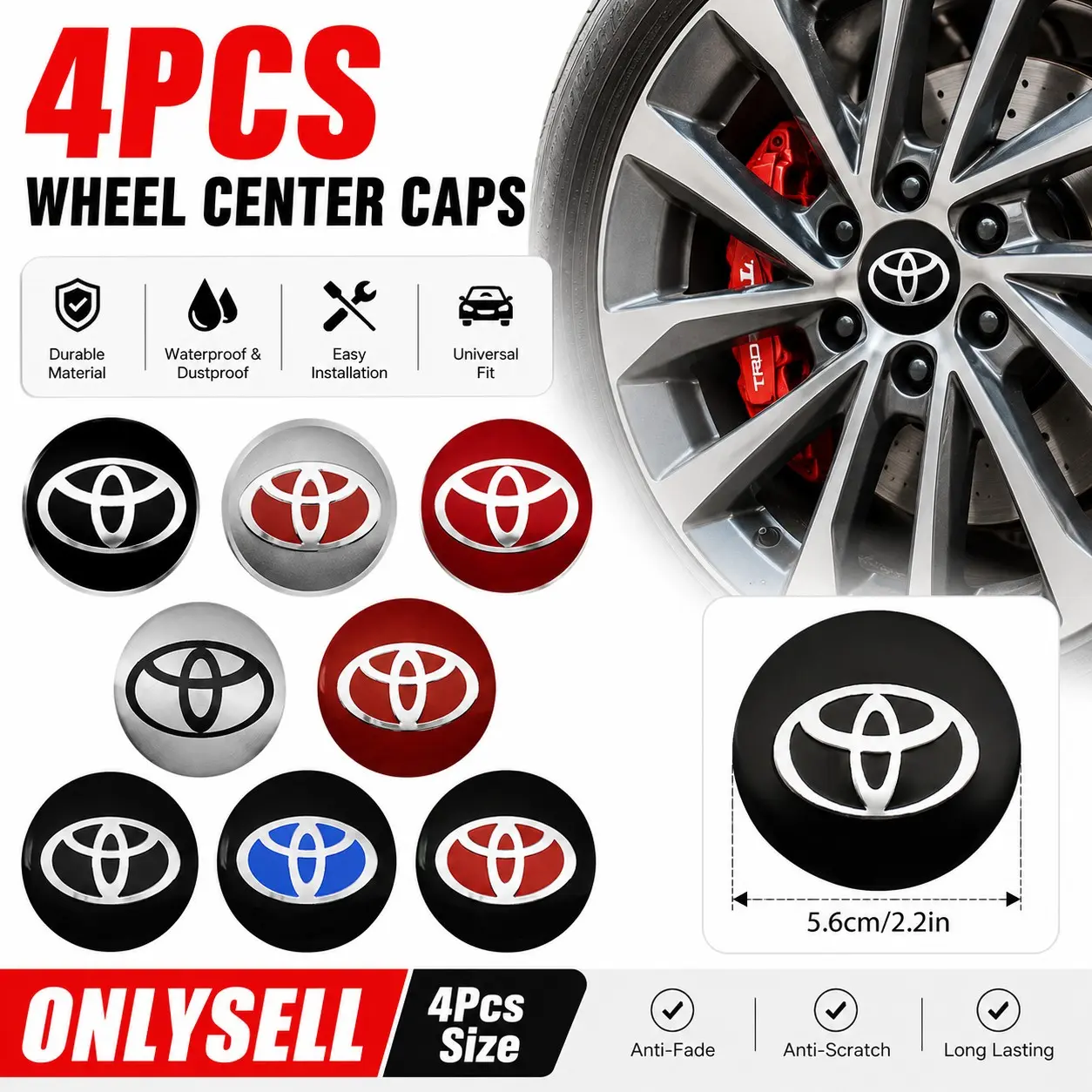 Toyota Car 4Pcs 56mm Wheel Center Hub Cover Stickers, Car Vehicle Decoration, Durable Waterproof PVC Self Adhesive Rim Hub Cap Decals Multi Color Choices Car Wheel Emblem Badge Car Styling Exterior Accessories Easy Apply for Sedan SUV Truck Models