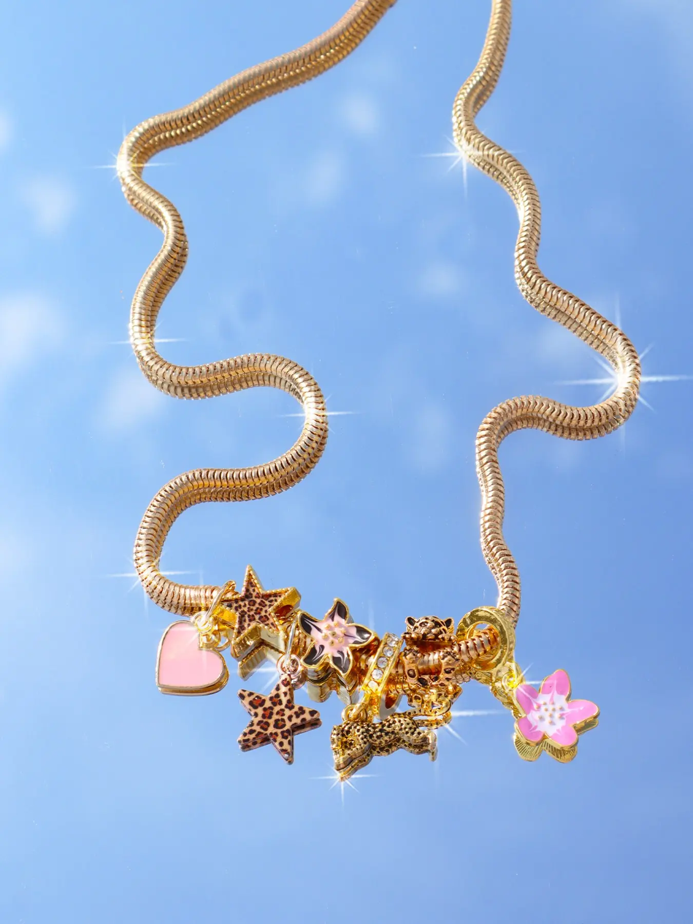 Leopard Print Cherry Blossom Cross Charm Necklace, Leopard Star Girl Necklace, Fashion DIY Necklace, Cute Style Leopard Cherry Heart Necklace, Alloy Necklace