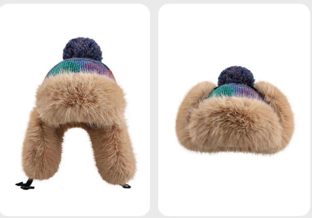 HT4914 New Autumn Winter Hat for Women Russian Hat Ladies Thick Warm Knitted Hat Fluffy Fur Colored Snow SKi Earflap Cap Ushanka