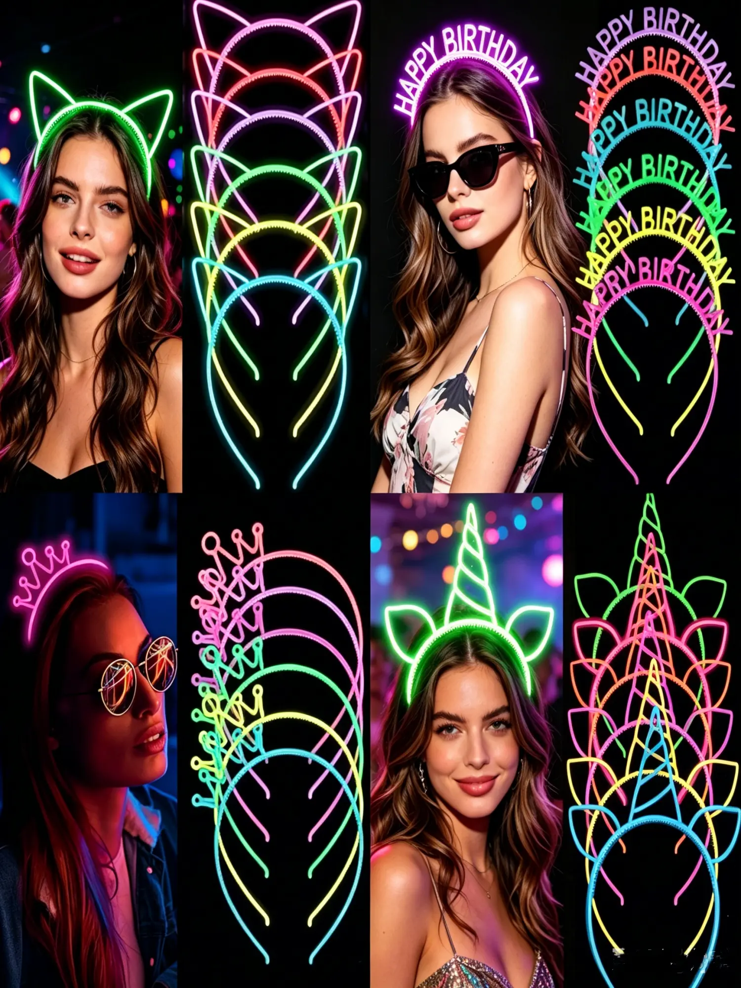 24 Glow-In-The-Dark Hairbands Set, Party Headbands, Perfect for Festivals, Concerts, Holidays, Neon Theme Party Accessories, Festival Party Supplies, need to be illuminated with mobile phone light or flashlight light