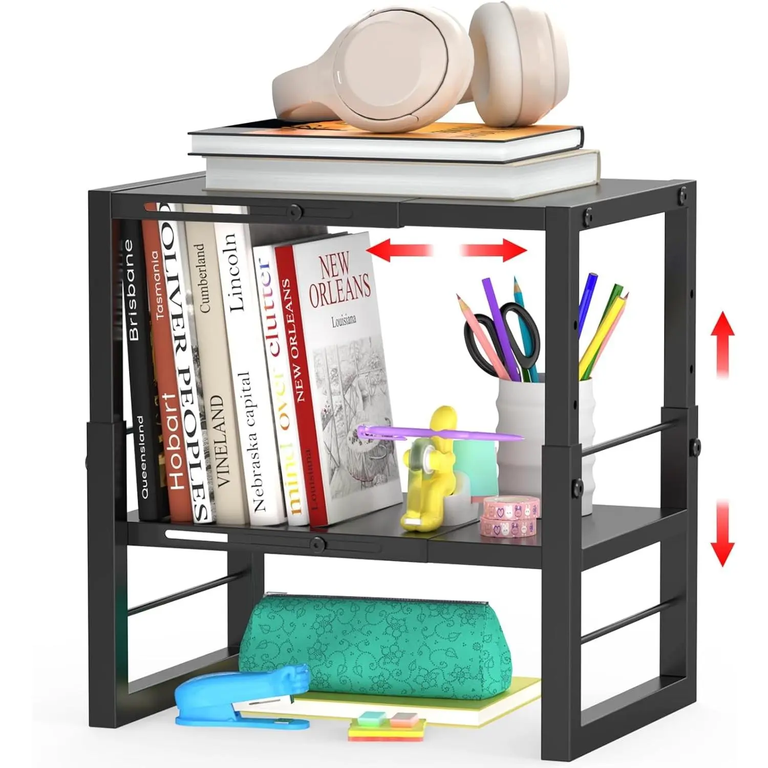 Locker Organizer Shelf School, Adjustable Width and Height, Stackable Metal Locker Storage Organization, Ideal Locker Fits Standard Size School, Office, and Gym Lockers, Black