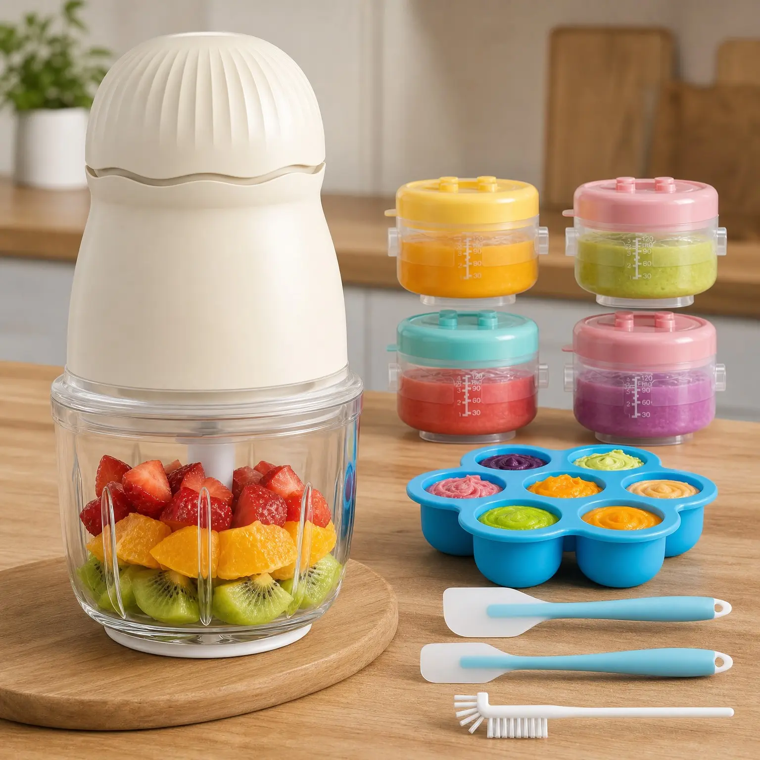 Baby Food Maker Set, 10oz Baby Food Processor & Puree Blender for Fruit, Vegetable and Meat with Baby Containers, Freezer Tray, Silicone Spoons and Spatula(Gift)