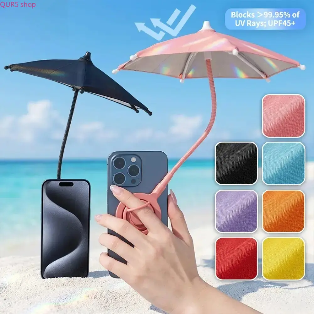Portable Foldable Magnetic Phone Sun Umbrella UPF 45+ Anti-Glare Anti-Overheating Shade, 360° Adjustable Finger Ring MagSafe Mount For iPhone & Android, Cute Summer Accessory For Beach Pool Outdoor Gifts