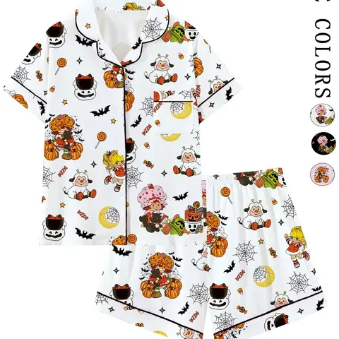 【Halloween】Retro Strawberry Girl Halloween Collared Pajama Set | Cute 80s Nostalgic Cartoon & Pumpkin Print Sleepwear | Soft Short Sleeve Button Down Lounge Outfit | Fun Summeroween 2-Piece PJs with Black Piping Pj Sets