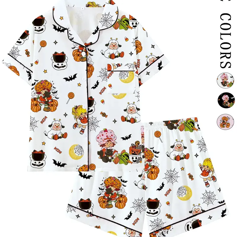 【Halloween】Retro Strawberry Girl Halloween Collared Pajama Set | Cute 80s Nostalgic Cartoon & Pumpkin Print Sleepwear | Soft Short Sleeve Button Down Lounge Outfit | Fun Summeroween 2-Piece PJs with Black Piping Pj Sets